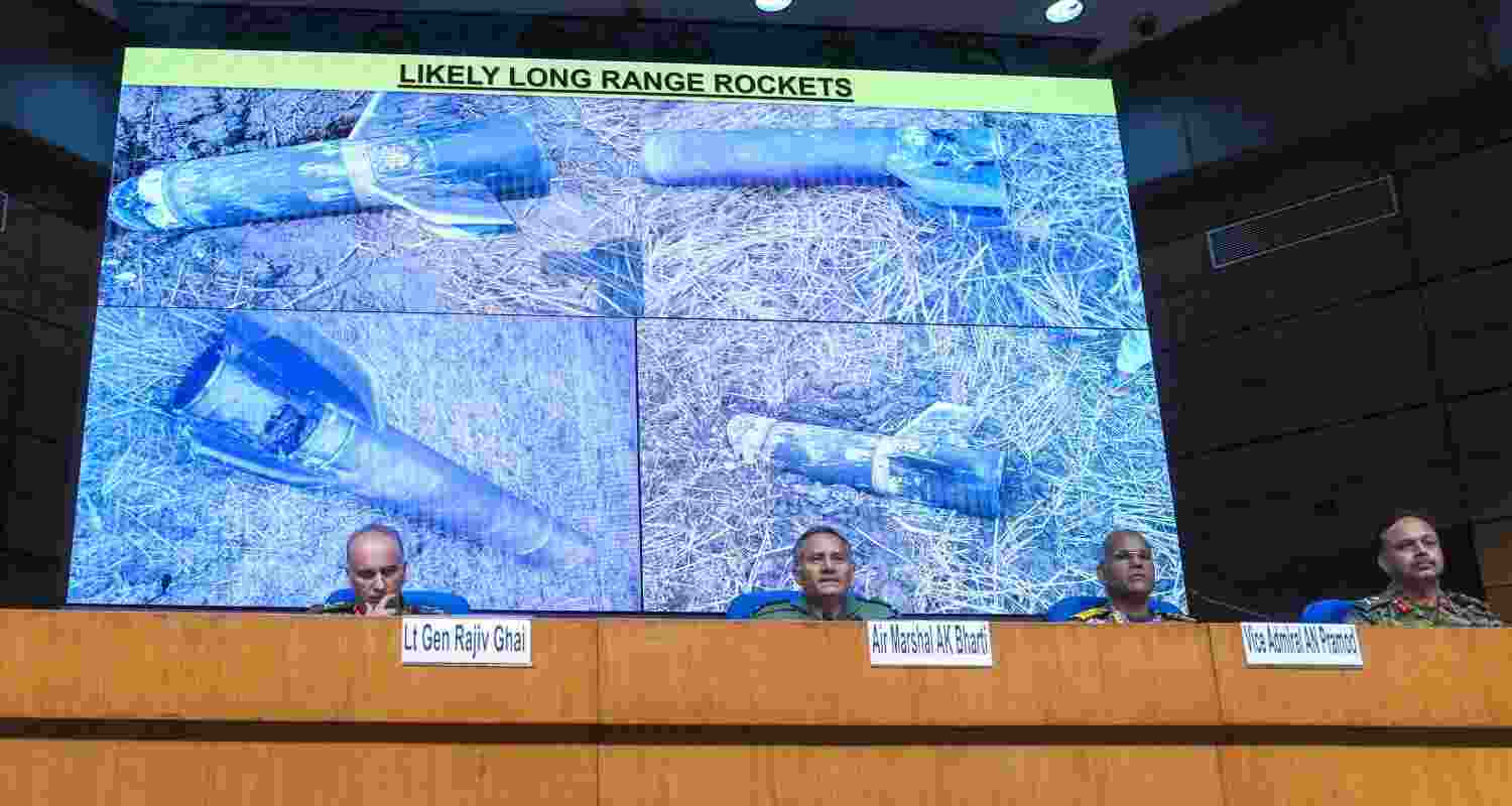 Director General of Military Operations (DGMO) Lt General Rajiv Ghai with Air Marshal AK Bharti, Vice Admiral AN Pramod and Major General SS Sharda during a press conference on 'Operation Sindoor', in New Delhi, Monday.