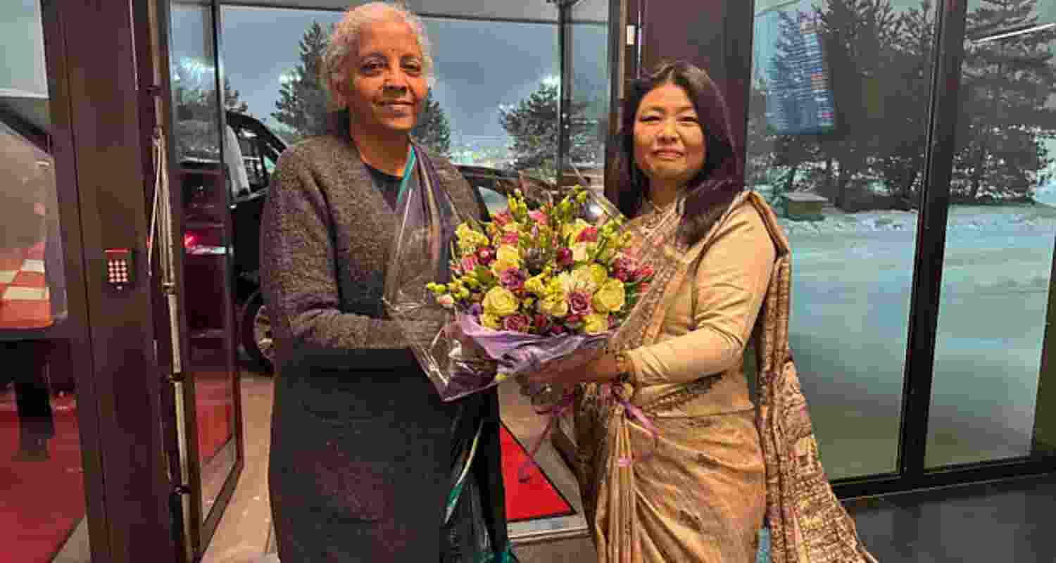 Union Finance Minister Nirmala Sitharaman being greeted by Gloria Gangte, Ambassador of India to Norway, at the Oslo Airport in Norway on Tuesday.