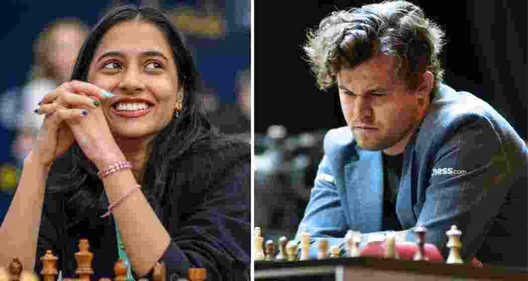 FIDE Women's World Cup champion Divya Deshmukh (L), Norwegian grandmaster Magnus Carlsen (R).