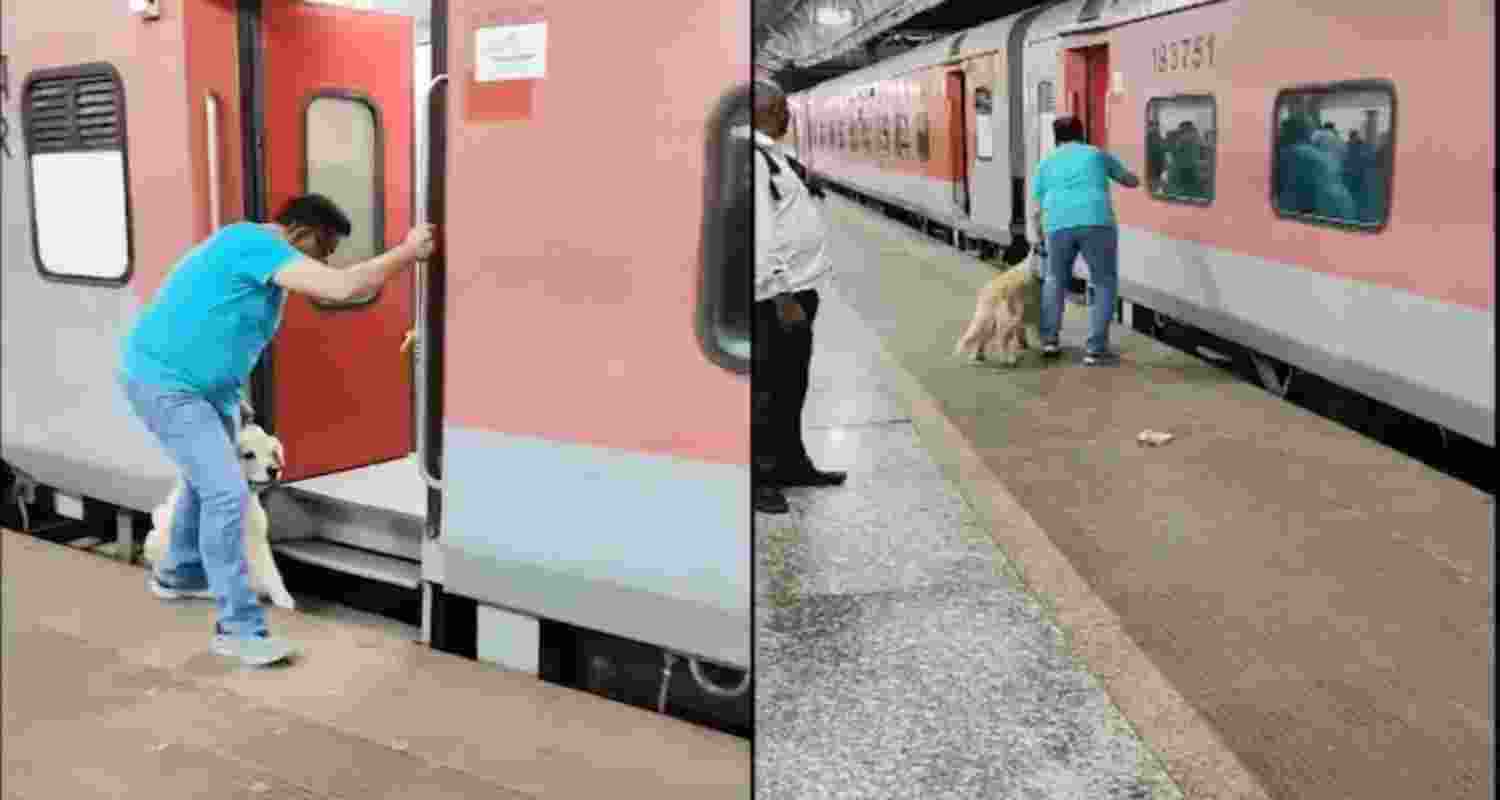 The video shows a man rushing to catch his train with his dog in tow.