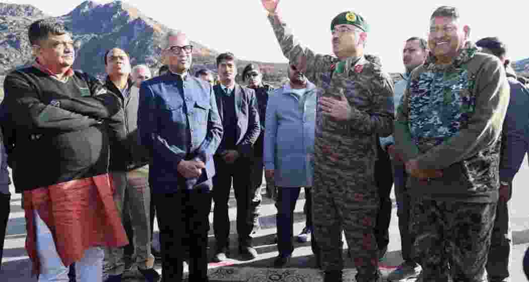 Sikkim Governor Om Prakash Mathur with Army personnel in Doklam, where he praised their dedication and engaged with locals on development and environmental issues during his visit.