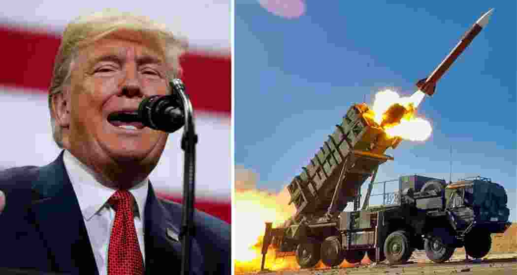 US President Donald Trump (L) during a press briefing; Patriot missile defence system seen in action (R).