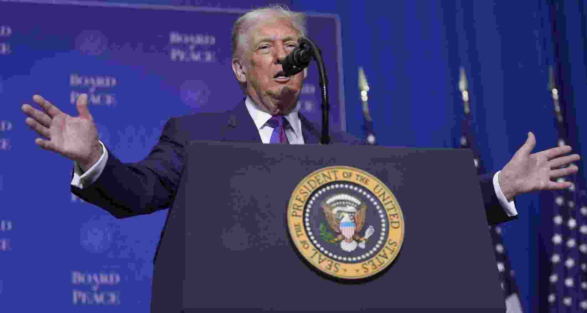 President Donald Trump speaks during a Board of Peace meeting at the U.S. Institute of Peace. 