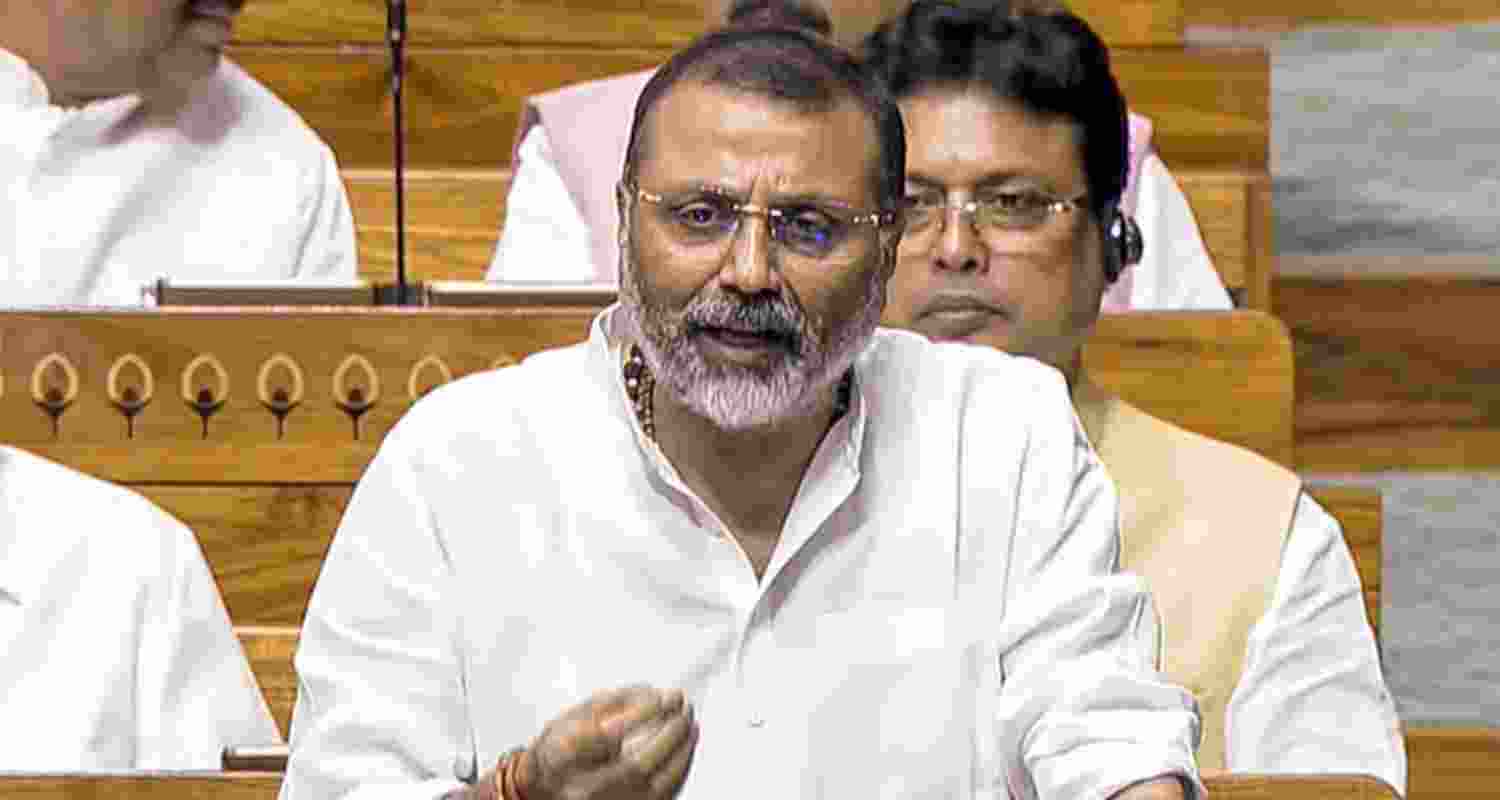 BJP MP Nishikant Dubey speaks in the Lok Sabha during the Monsoon session of Parliament, in New Delhi, Wednesday.