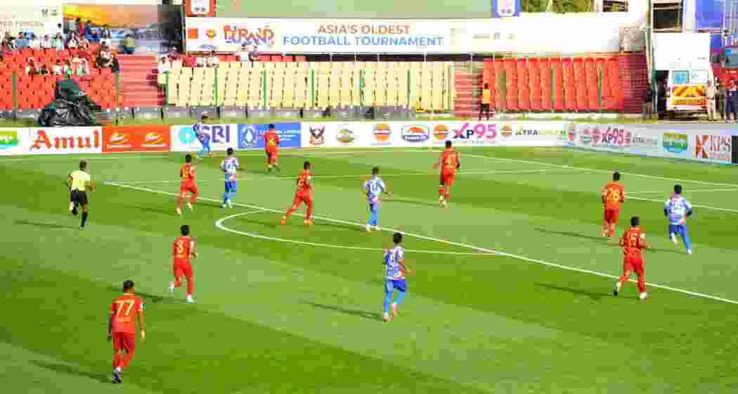 Players from Shillong Lajong FC and Malaysian Armed Forces vie for possession during the opening Group E match of the Durand Cup 2025 at Jawaharlal Nehru Stadium, Shillong on Saturday.