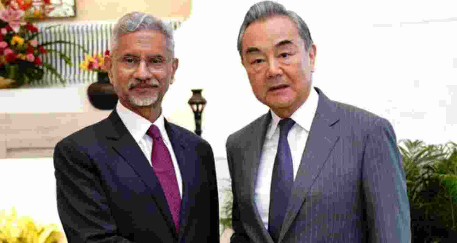 External affairs minister S Jaishankar welcomes Chinese foreign minister Wang Yi in New Delhi on Monday.