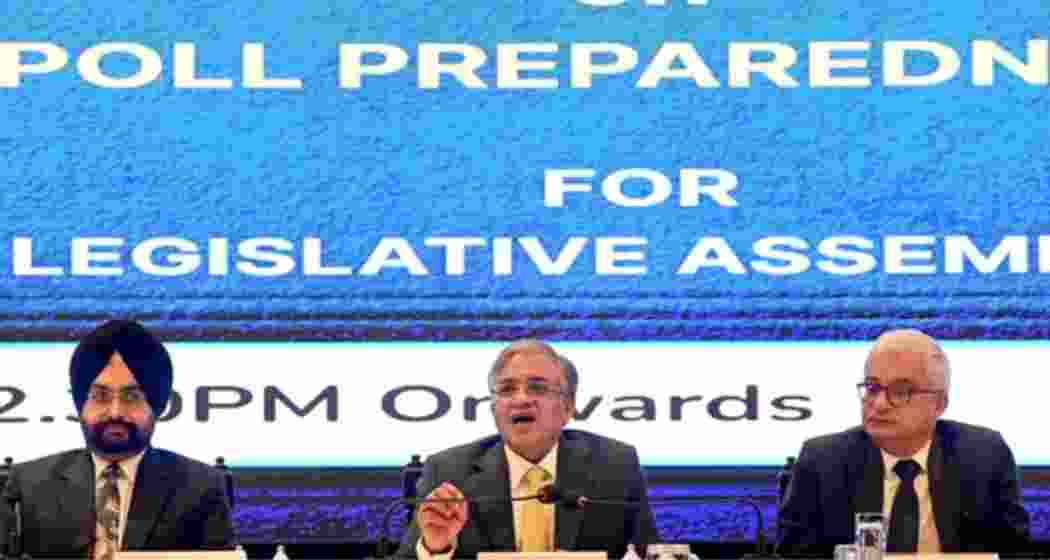CEC Gyanesh Kumar with election commissioners Sukhbir Singh Sandhu and Vivek Joshi during a press conference. (PTI file photo)
