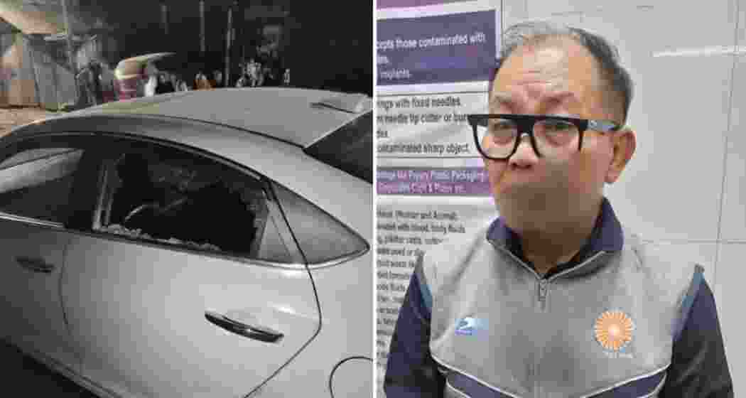 The damaged car (L) of Khoirom Loyalakpa with shattered left window from gunfire, and the editor himself (R) showing visible facial injuries (blurred) after being shot at and assaulted in Imphal East (R).