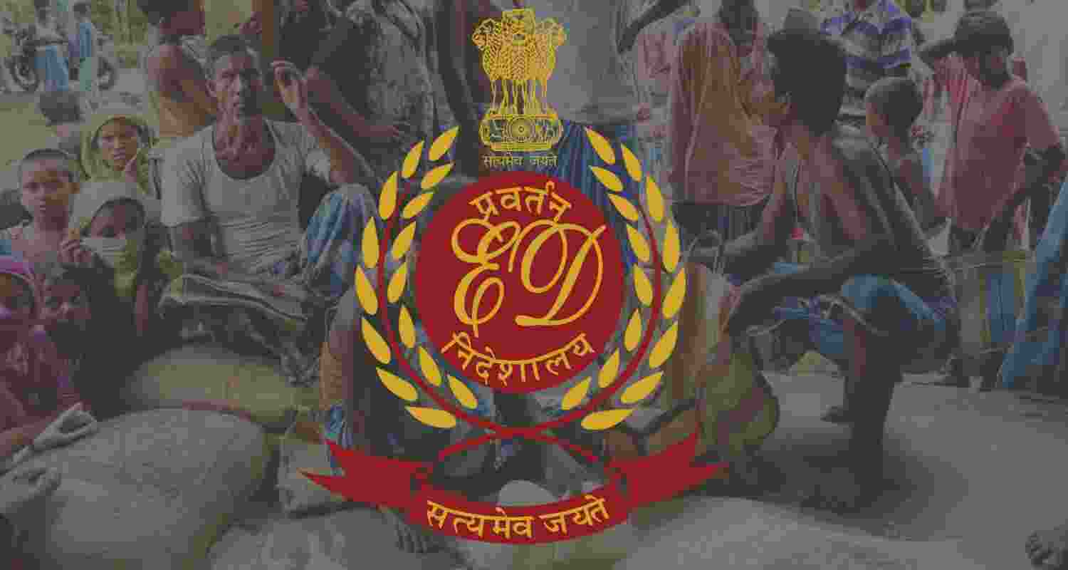The Logo of the Enforcement Directorate superimposed on an image of a Ration shop in west Bengal.