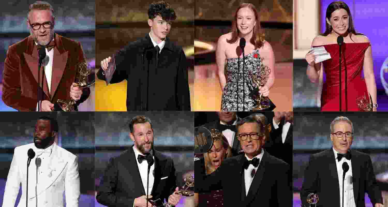 Clockwise from top left: Seth Rogen, Owen Cooper, Hannah Einbinder, Cristin Milioti, John Oliver, Stephen Colbert, Noah Wyle and Tramell Tillman.