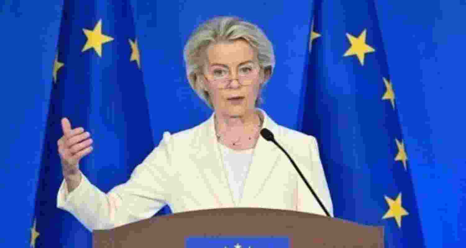 European Commission President Ursula von der Leyen speaks during a media conference.