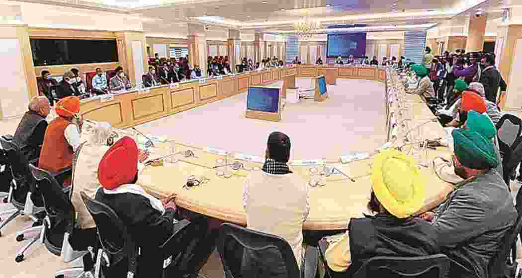 A meeting in progress between farmer representatives and the Centre. File photo.