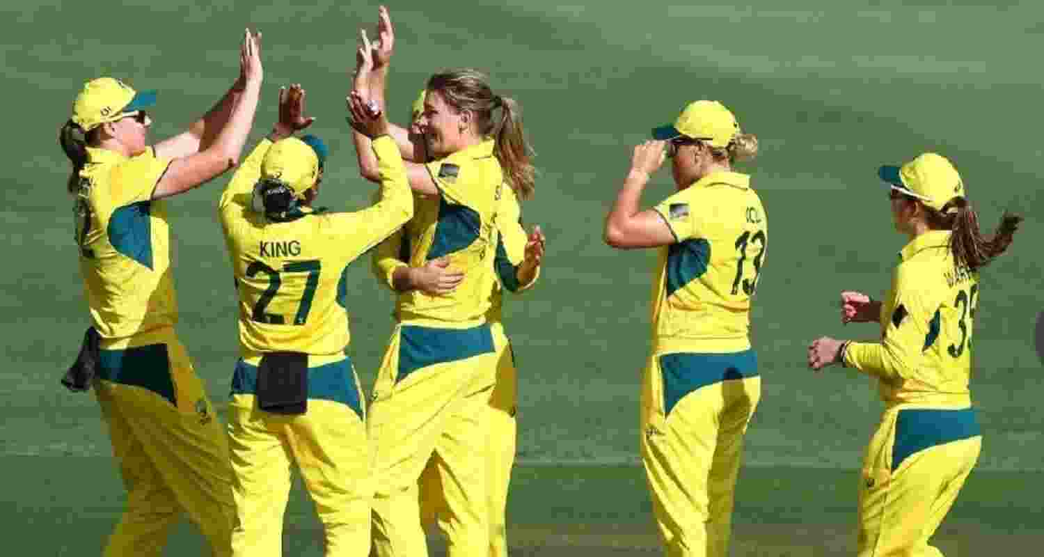 Australia women celebrate clinching a 2-0 lead over India in the three-match ODI series. Image: X. 
