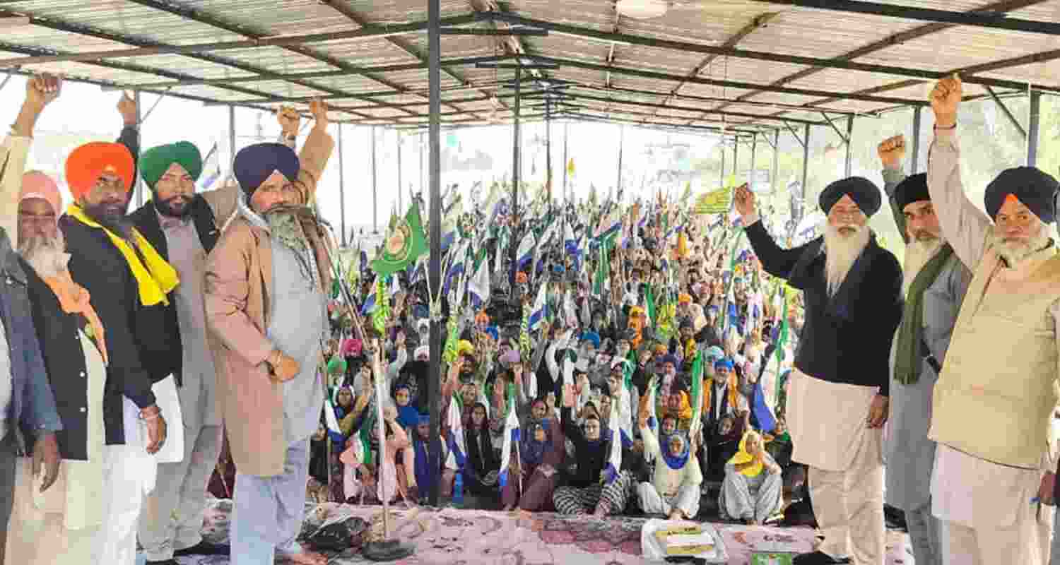 Farmer leader Sarwan Singh Pandher and others at Shambhu border, a day before commencement of farmers' 'Delhi Chalo' march, in Patiala district, Punjab, Thursday. 