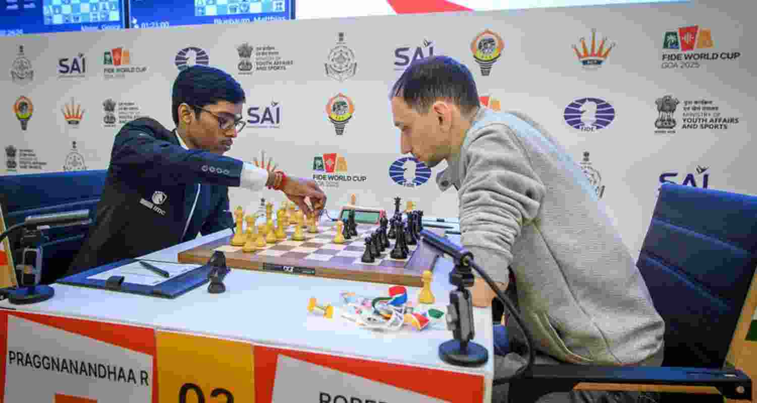 Grandmaster R Praggnanandhaa (left) in action during his Round 3 game at FIDE World Cup in Panaji on Saturday.