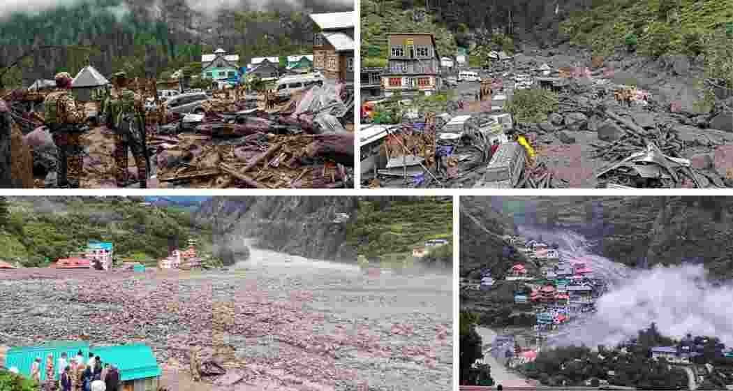 (Clockwise from top) Aftermath of flash floods in J&K’s Kishtwar and Kathua, and in Uttarakhand’s Dharali village
