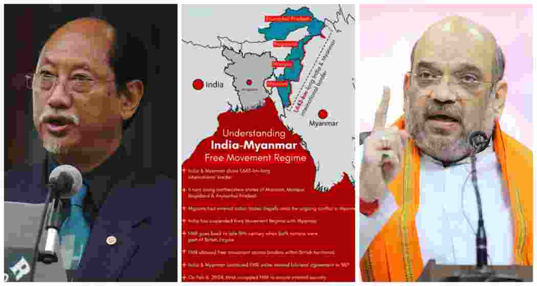 Nagaland's Chief Minister Neiphiu Rio (L), graphical representation of the Indo-Myanmar border, Union Home Minister Amit Shah.