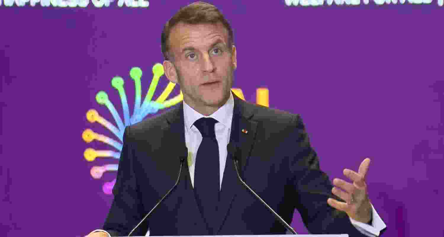  France President Emmanuel Macron addresses the gathering during the India AI Impact Summit 2026, in New Delhi.