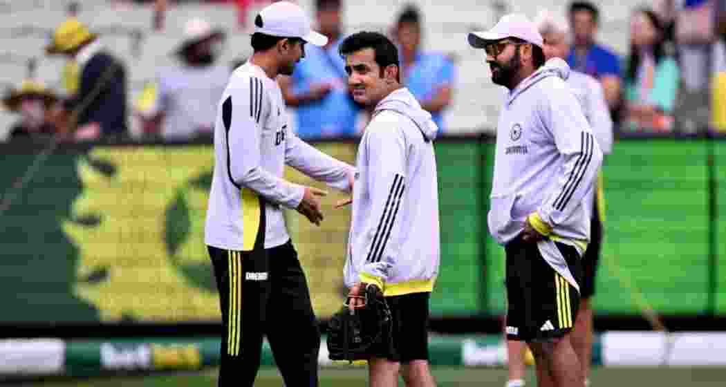 Indian coach Gautam Gambhir (left) with former Indian captain and batter Rohit Sharma (R).