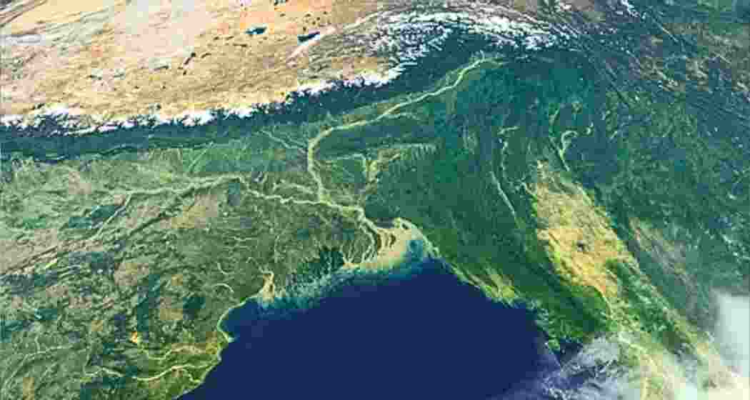 Aerial view of the Ganga-Brahmaputra delta, where rapid land subsidence combined with rising sea levels is intensifying flood risks for millions living in low-lying coastal regions.