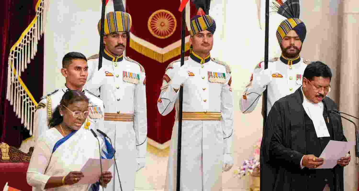 President Droupadi Murmu administers the oath of office to Justice Bhushan Ramkrishna Gavai as the 52nd Chief Justice of India during a ceremony, at Rashtrapati Bhavan in New Delhi, Wednesday.