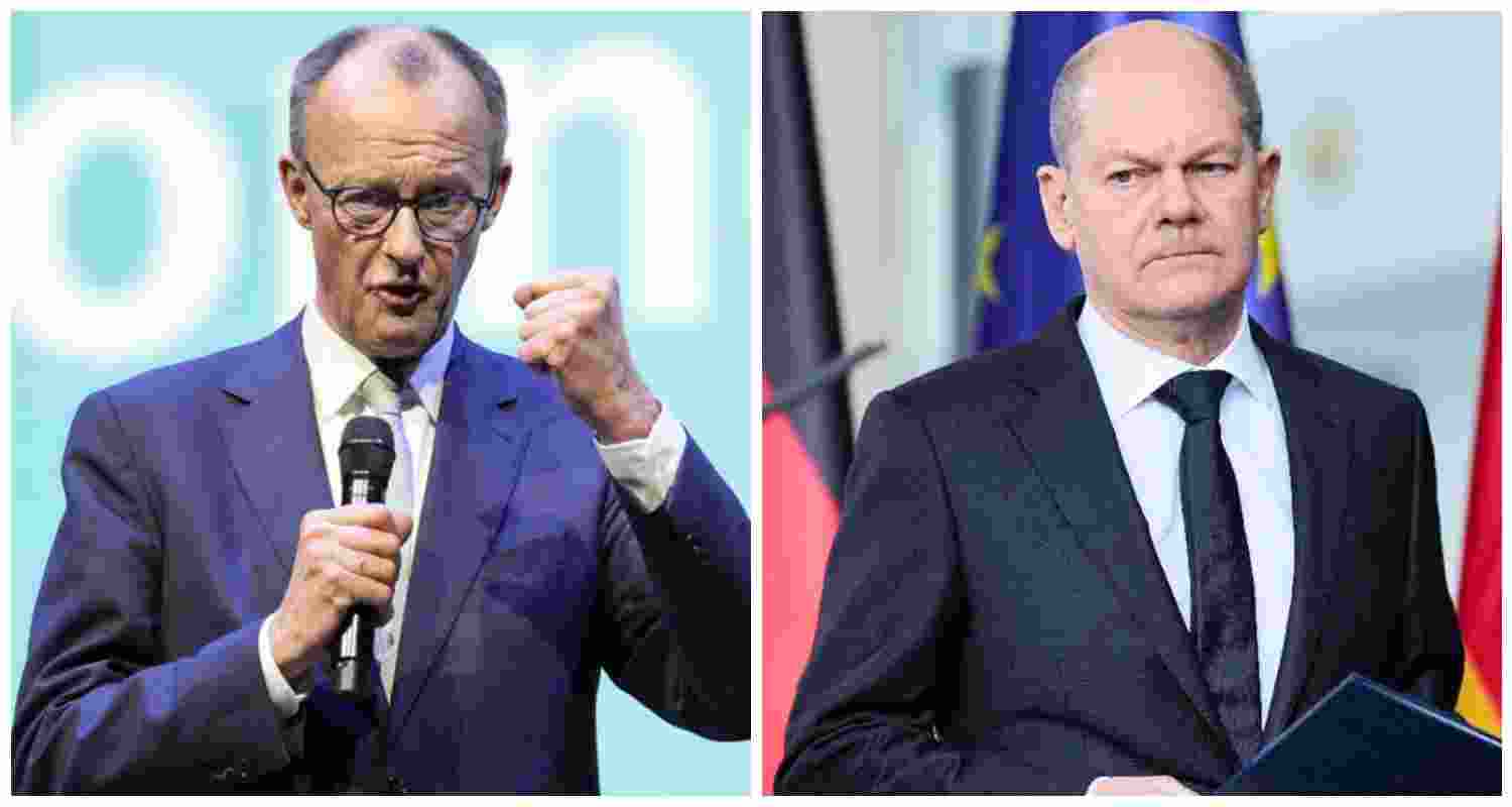 Germany's Conservative bloc leader Friedrich MerGerman (L), Chancellor Olaf Scholz (R).