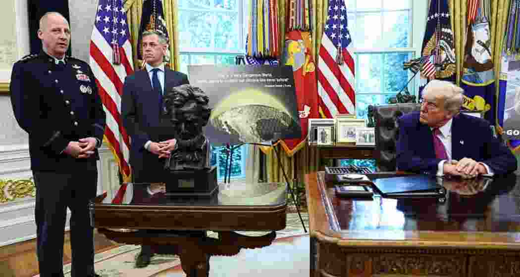 US Space Force General Michael Guetlein (left) with President Donald Trump in the Oval Office, Washington, on Tuesday, during the official announcement of the Golden Dome missile defence plan.
