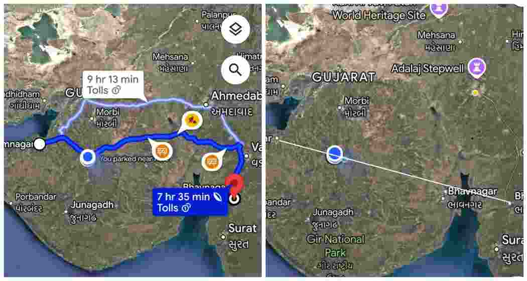 Current route (L), and proposed location of the new Jamnagar-Bharuch highway, showcasing the ambitious 30-km sea bridge set to transform Gujarat’s connectivity.