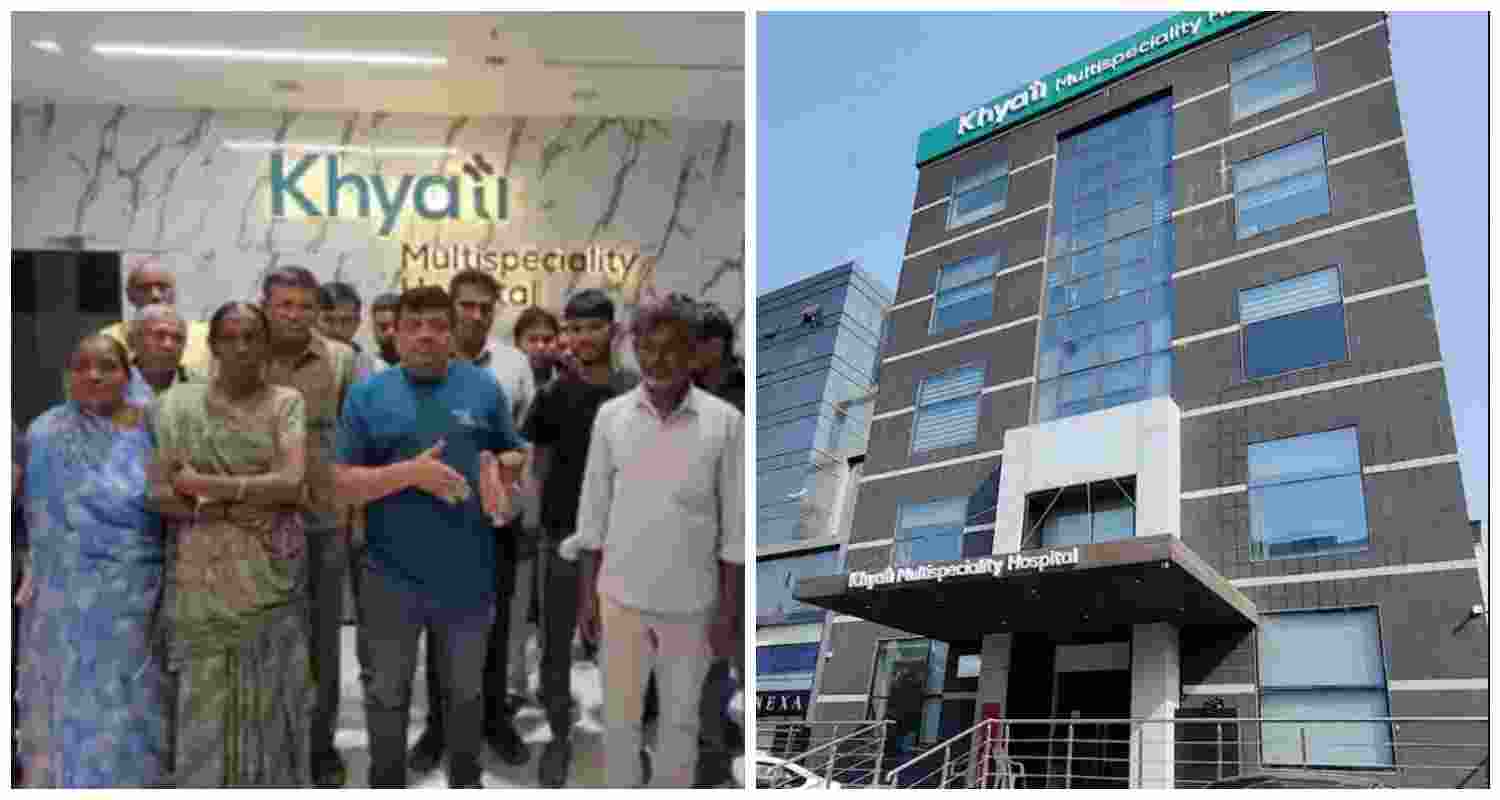Survivors and families of deceased patients protest outside Ahmedabad’s Khyati Hospital after alleged fraudulent operations under the PMJAY scheme (L). Khyati Hospital in Ahmedabad (R).