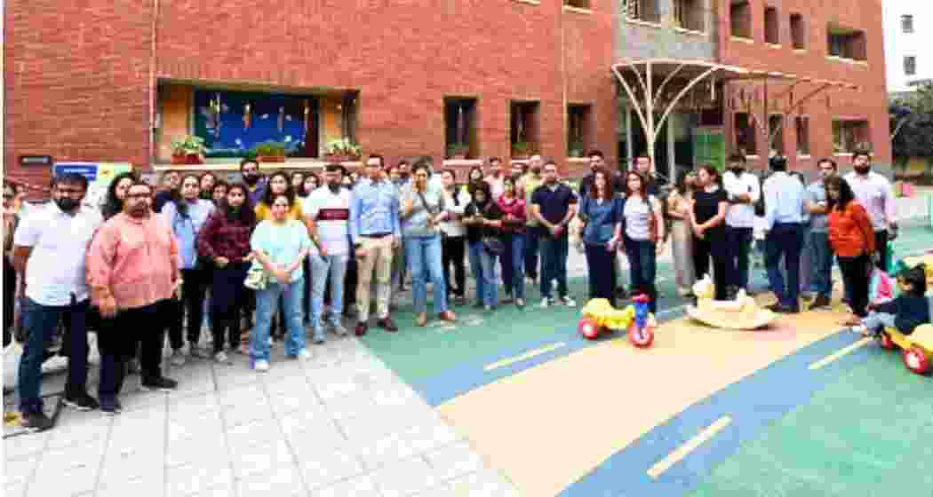 Family members of the victim protest outside the playschool, demanding justice.