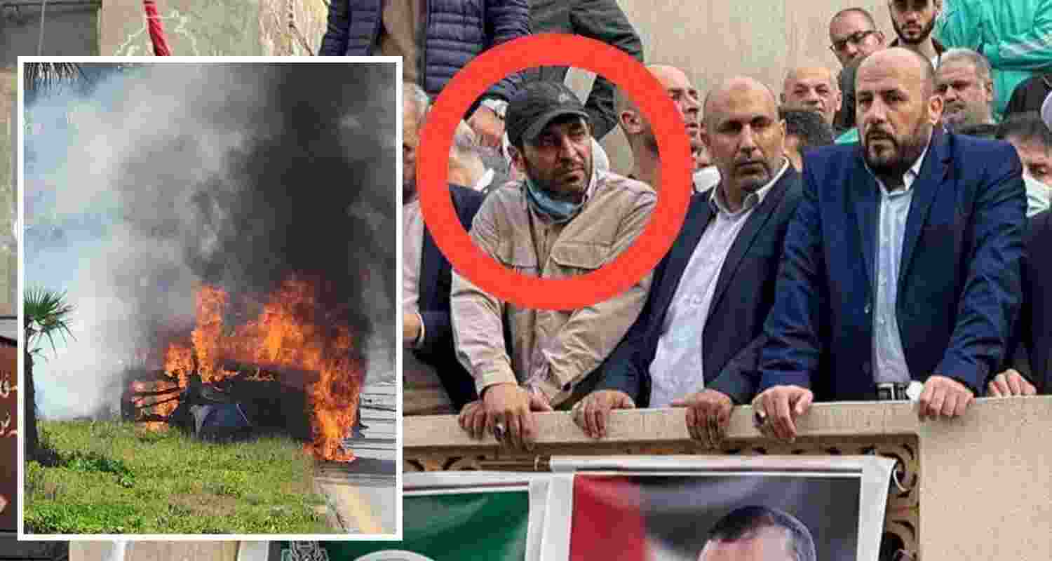 Hamas military chief Mohammad Shaheen(encircled) and his vehicle destroyed in an airstrike (inset).