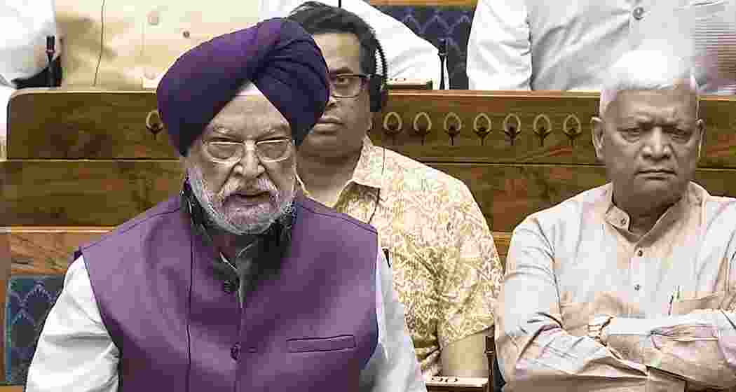 Minister for Petroleum and Natural Gas Hardeep Singh Puri speaks in the Lok Sabha during the second part of Budget session of Parliament, in New Delhi on Thursday.
