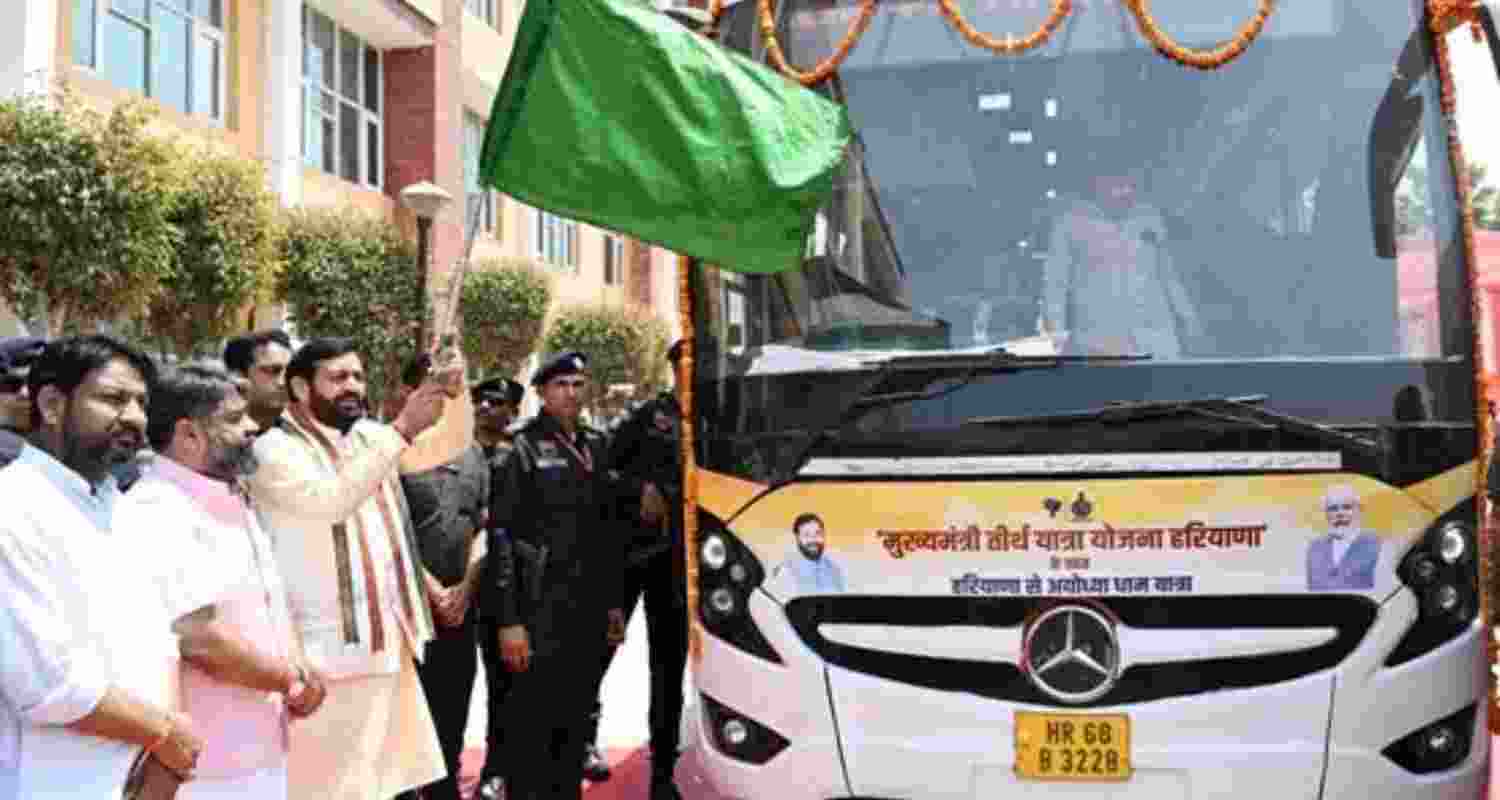 Haryana Chief Minister Nayab Singh Saini flags off two buses from Rewari.