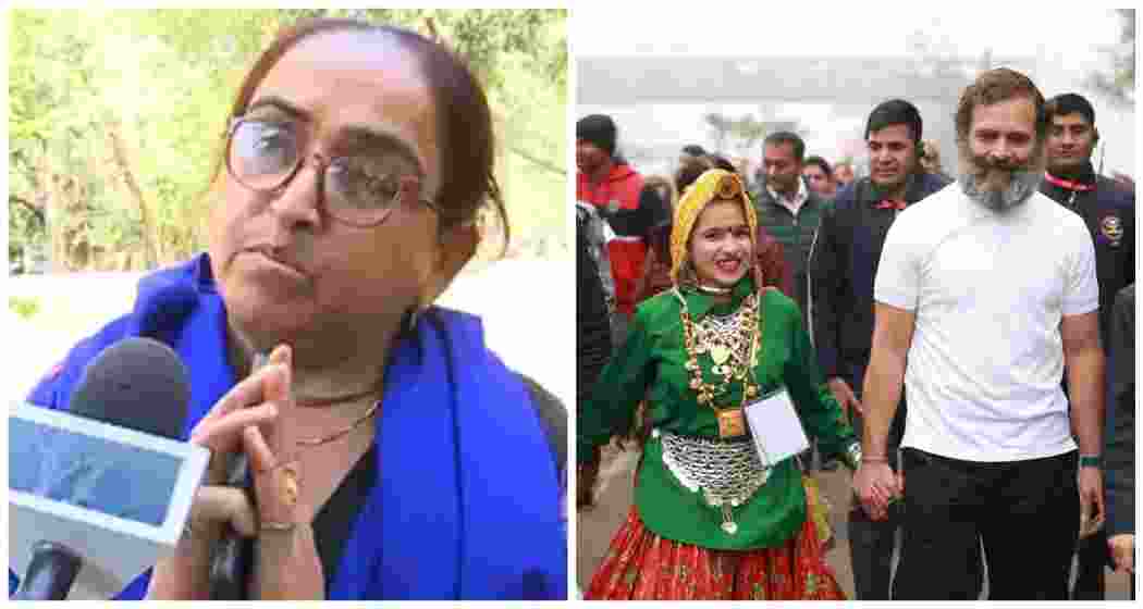 Dead Haryana Congress worker Himani Narwal's mother (L). Himani Narwal seen with Rahul Gandhi during the Bharat Jodo Nyaya Yatra (R). 