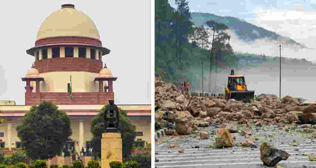 The Supreme Court has taken suo motu cognisance of ecological imbalance in Himachal Pradesh. A road blocked by shooting stones in Himachal Pradesh on right. 