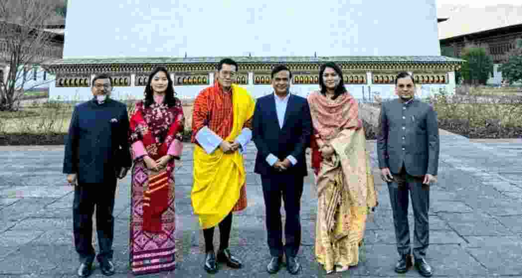 Assam CM Himanta Biswa Sarma and Riniki Bhuyan Sharma meet His Majesty King Jigme Khesar Namgyel Wangchuck and Her Majesty The Gyaltsuen Jetsun Pema at the Golden Throne Room in Tashichhodzong, Thimphu on December 17.