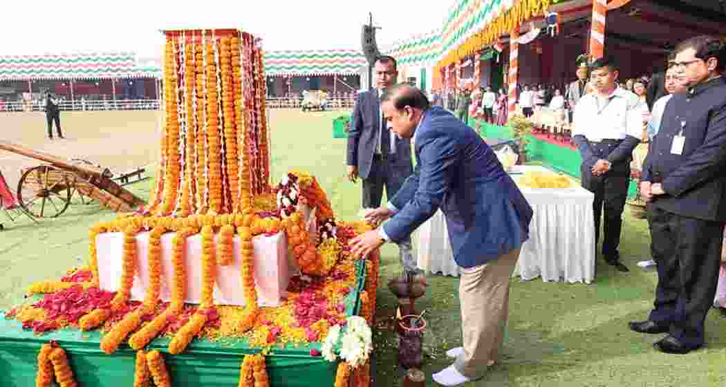 Assam Chief Minister Himanta Biswa Sarma during the Republic Day Parade on Sunday, honouring the bravehearts who sacrificed their lives for the state at the 76th Republic Day celebrations.