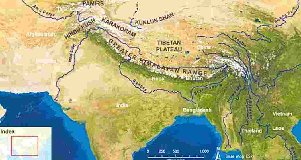 A map illustrating the Hindu Kush and Himalayan regions, which span across eight countries: Afghanistan, Bangladesh, Bhutan, China, India, Myanmar, Nepal, and Pakistan. 