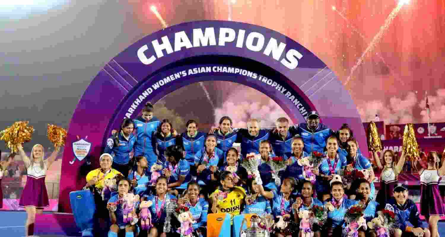 The victorious Indian team pose for a picture after the final at the Asian Women's Hockey Championship in Ranchi.