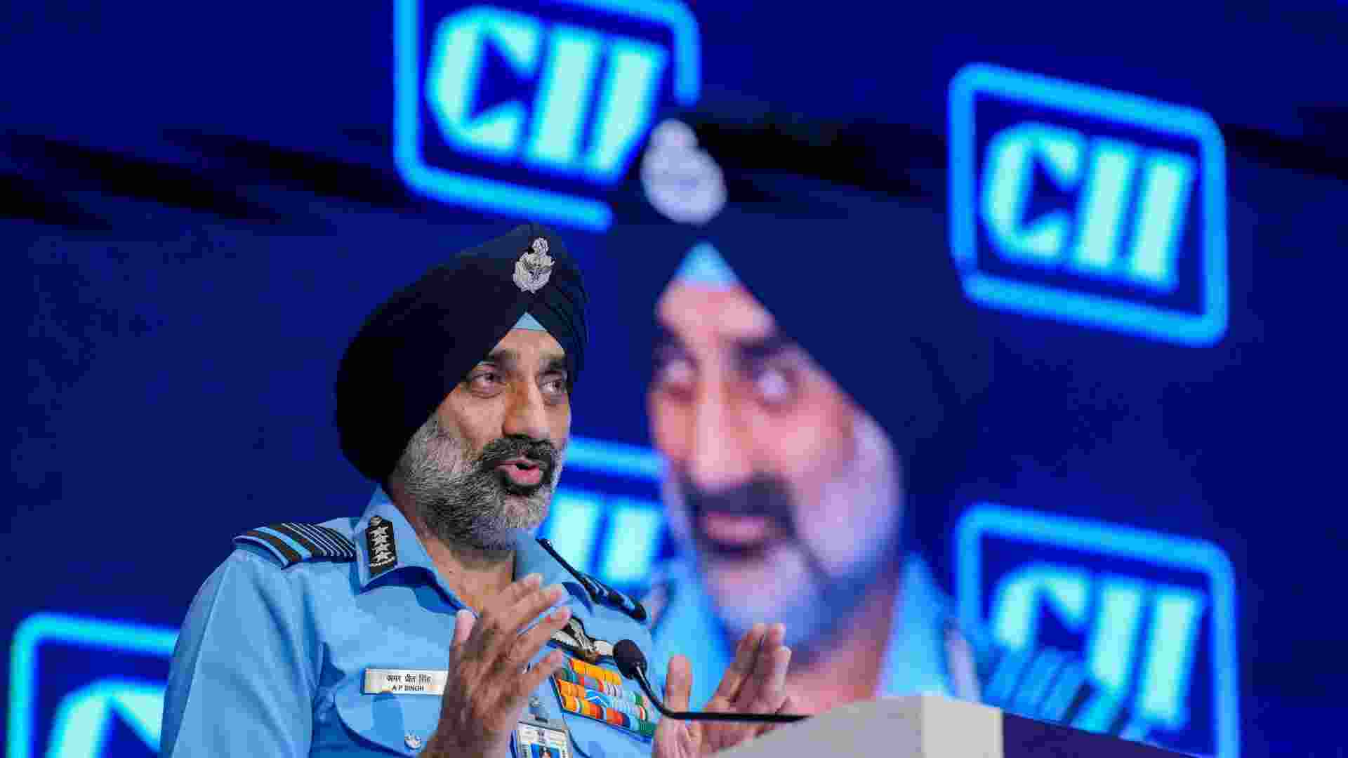 IAF Chief Air Chief Marshal A P Singh addresses the CII Annual General Meeting & Business Summit 2025, in New Delhi, Thursday.
