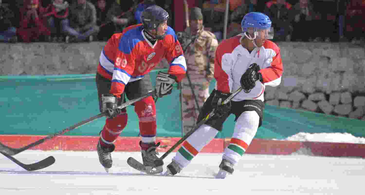 A game of ice hockey in Ladakh.