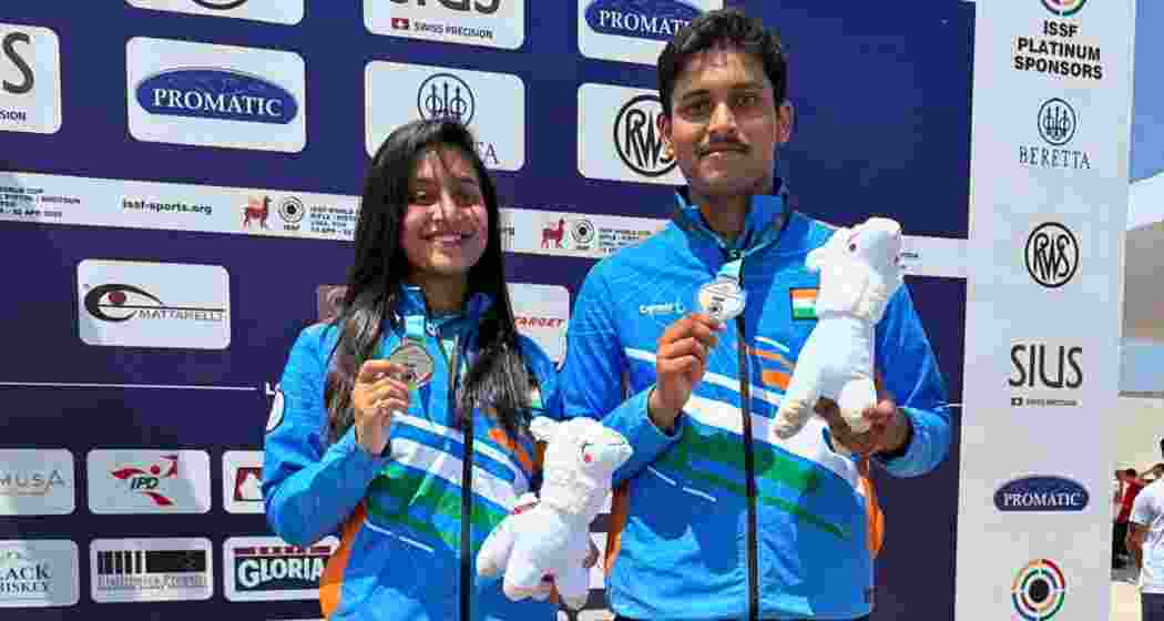 India’s Air Rifle Mixed Team duo, Arya Borse and Rudrankksh Patil, display their silver medal after finishing runners-up at the ISSF World Cup in Lima, Peru. India’s Air Rifle Mixed Team duo, Arya Borse and Rudrankksh Patil, display their silver medal after finishing runners-up at the ISSF World Cup in Lima, Peru.