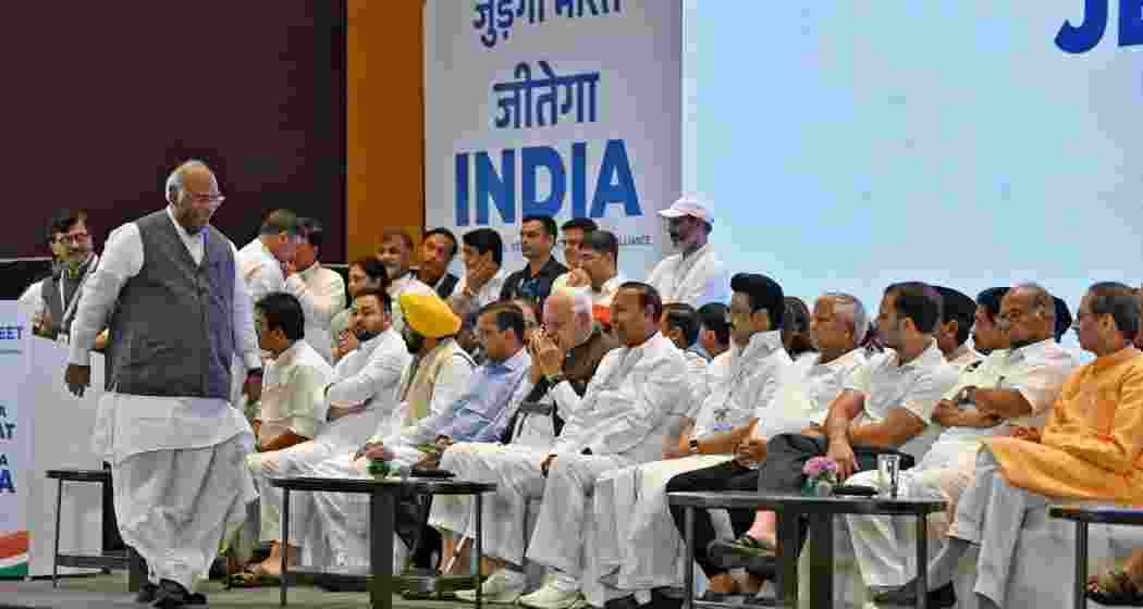Opposition's Indian National Developmental Inclusive Alliance (INDIA) leaders during a press conference after the bloc leaders meeting, in Mumbai. 
