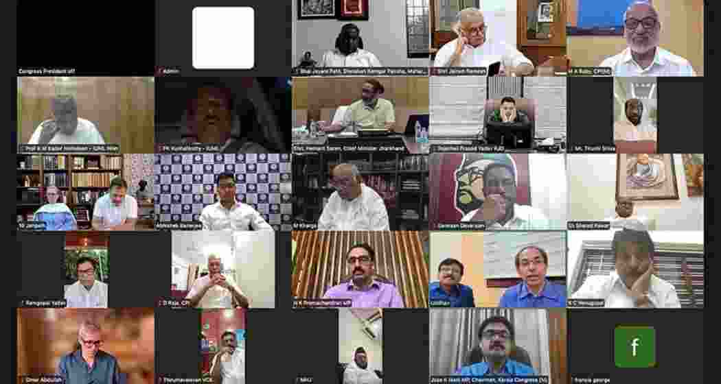 Leaders of the INDIA bloc during their virtual meet on Saturday.