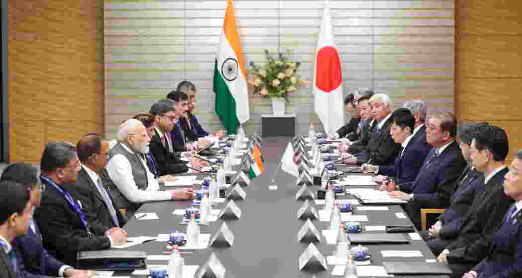 Prime Minister Shri Narendra Modi, along with dignitaries and officials, attends a dinner conference with Japanese Prime Minister H.E. Mr. Ishiba Shigeru during the 15th India–Japan Annual Summit in Tokyo in August 2025.