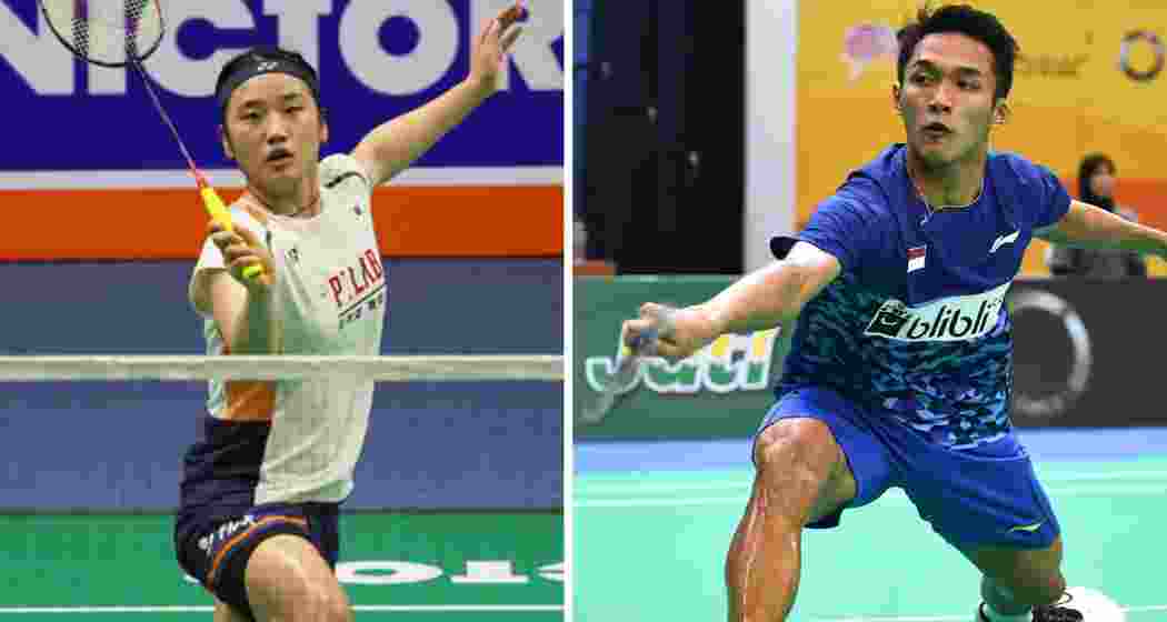 World number one An Se Young and Indonesia’s Jonatan Christie in action.