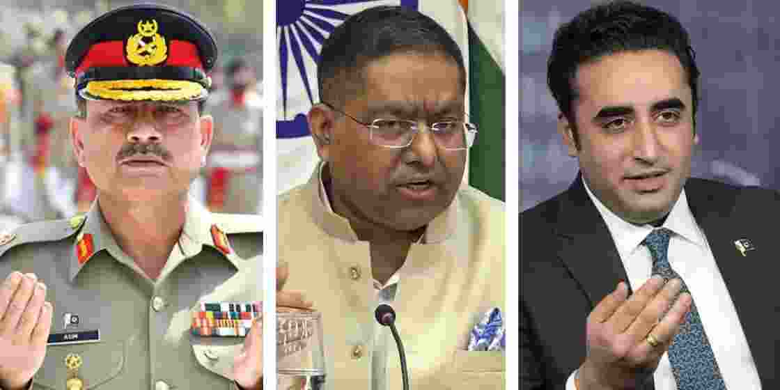 Pakistan Army Chief Gen Asim Munir, MEA Spokesperson Randhir Jaiswal, and Pakistan Foreign Minister Bilawal Bhutto. (File photo)