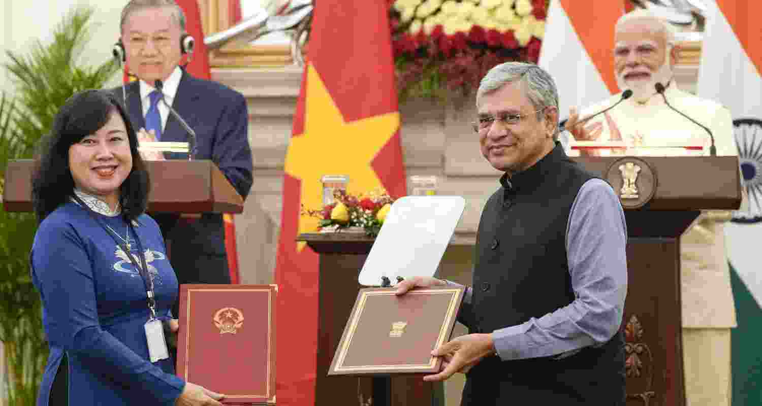 Union Minister Ashwini Vaishnaw and Vietnam's Health Minister Dao Hong Lan exchange a Memorandum of Understanding (MoU) during a joint press statement after a meeting between Prime Minister Narendra Modi and Vietnam President To Lam Putin at the Hyderabad House, in New Delhi, Wednesday, May 6, 2026.