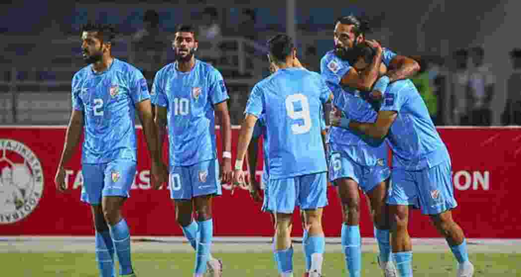 Indian footballers battle for possession during their CAFA Nations Cup clash against Afghanistan in Hisor on Thursday. 