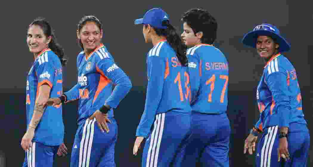 India players celebrate during the Women’s T20I series against Sri Lanka. (PTI)